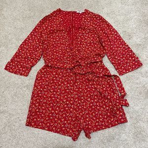 Madewell Romper Size 4 Three-Quarter-Sleeve Wrap-Front Red Yellow Belted Casual